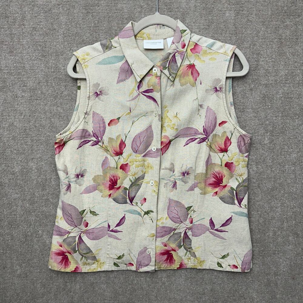 Vintage Liz Claiborne L Sleeveless Linen Blouse Pastel Floral Print Button Down